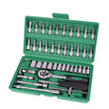 Green 46-piece metric socket and wrench set for car repair in a plastic storage case.