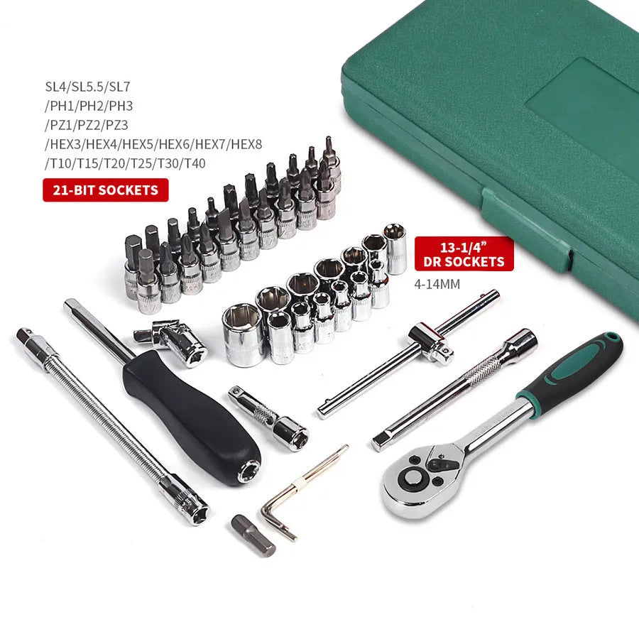 Green 46-piece metric socket and wrench set for car repair in a plastic storage case.