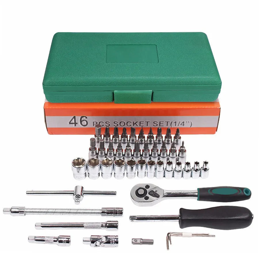 Green 46-piece metric socket and wrench set for car repair in a plastic storage case.