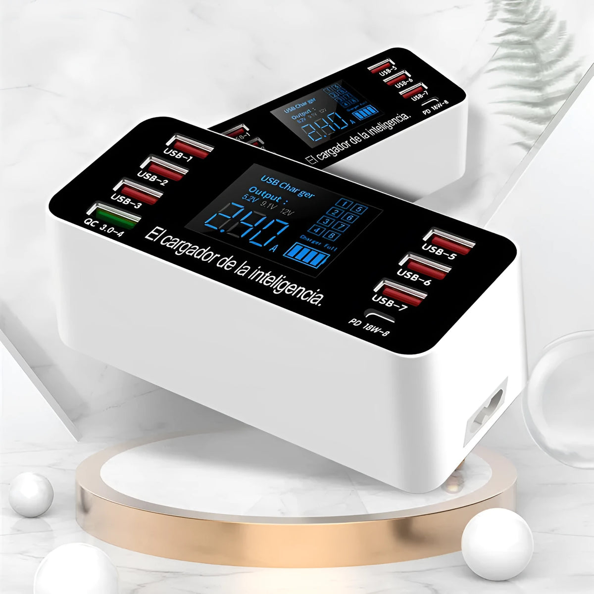 Smart A9P multi-port phone charger in white with PD+QC3.0 fast charge and USB output