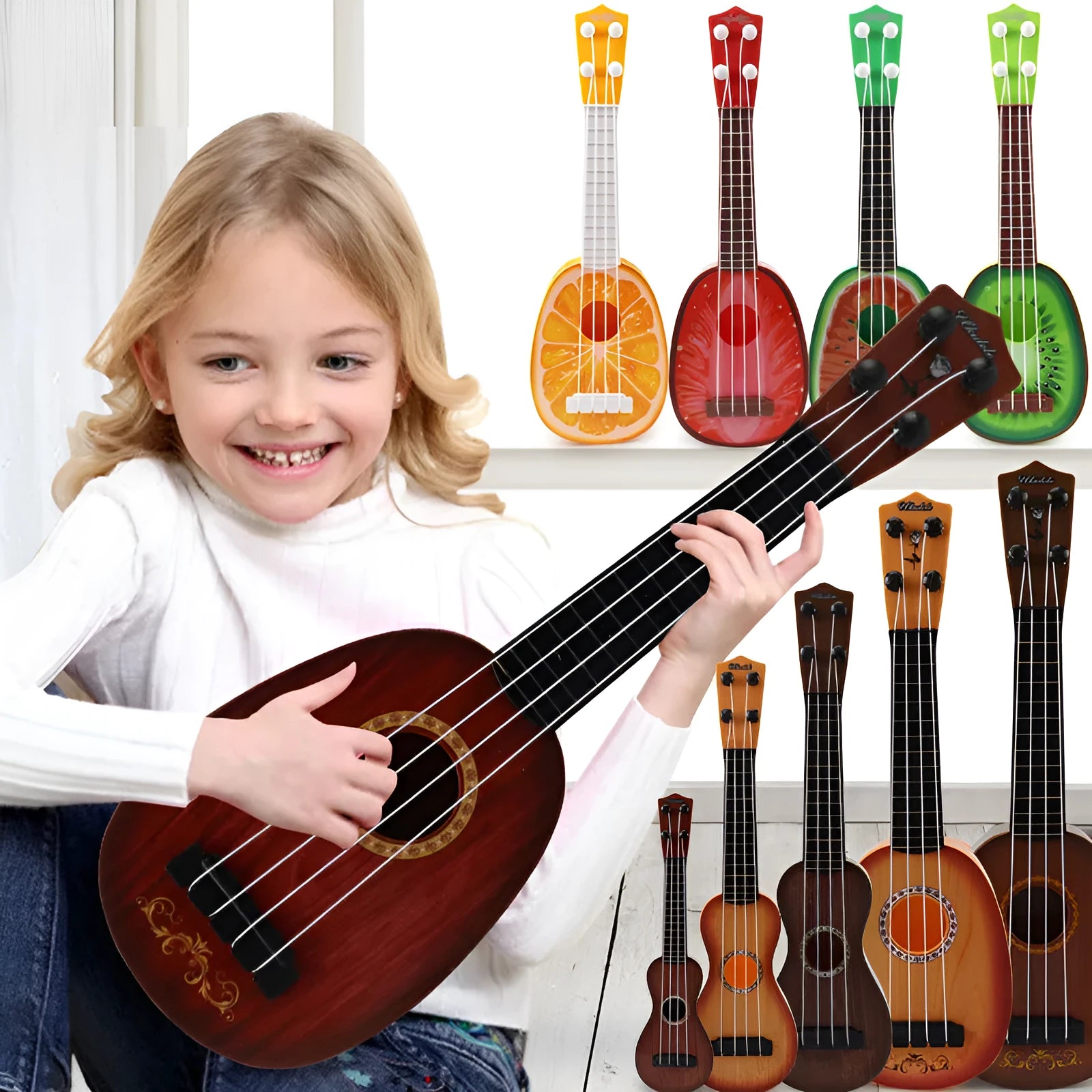 Plastic retro guitar toy ukulele for children's musical training with colour box packaging