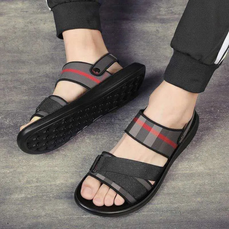 A pair of youth leisure sports sandals with a blue Lycra upper and a light polyurethane sole.