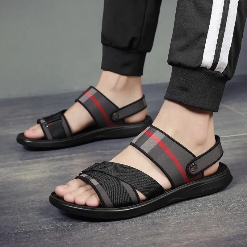 A pair of youth leisure sports sandals with a blue Lycra upper and a light polyurethane sole.