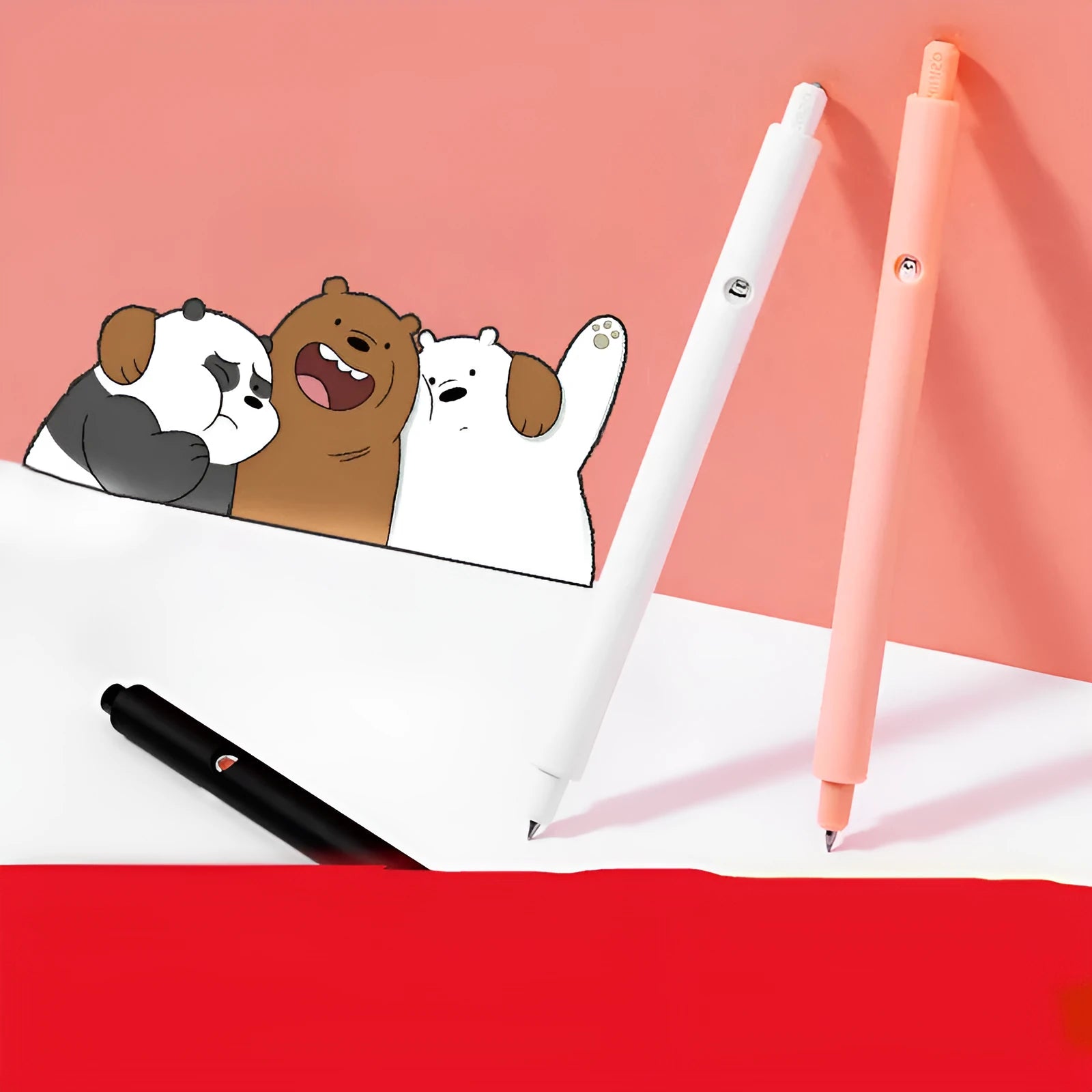 MINISO bare bear cartoon press gel pen with 0.5mm tip in black, pink, and white colours