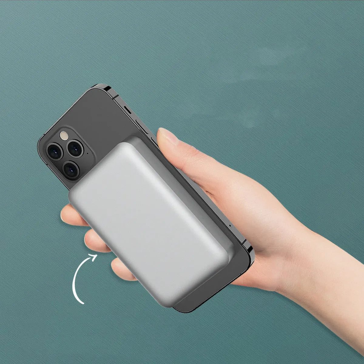 Silver all-aluminium wireless magnetic charging power bank showing USB-C port and compact size.