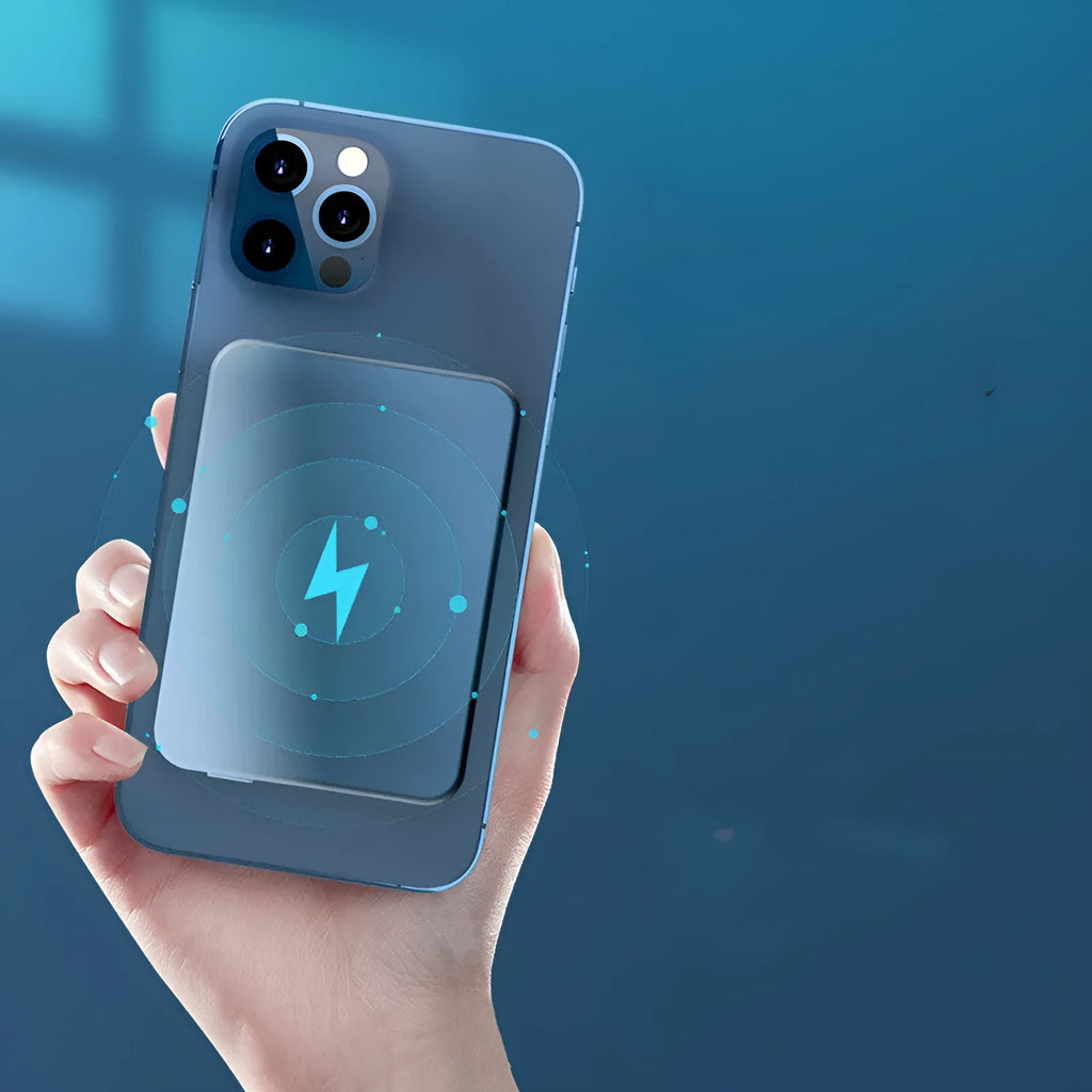 Silver all-aluminium wireless magnetic charging power bank showing USB-C port and compact size.