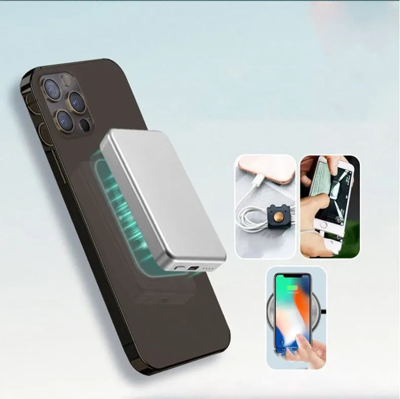 Silver all-aluminium wireless magnetic charging power bank showing USB-C port and compact size.