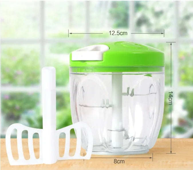 Green manual food chopper with three stainless steel blades and a 500ml plastic container.