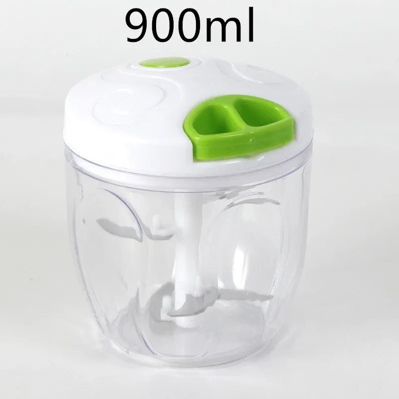 Green manual food chopper with three stainless steel blades and a 500ml plastic container.