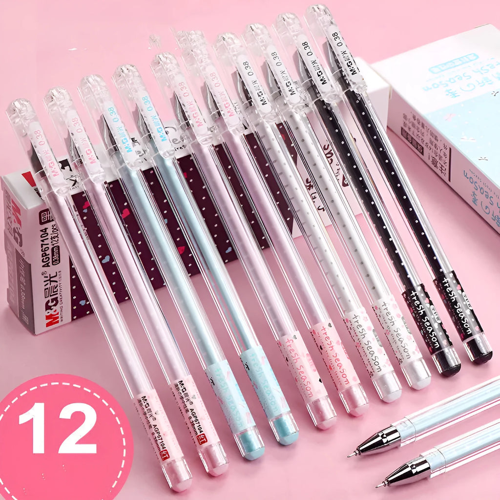 Syringe-style plastic cartridge pens in black, blue, and pink, shown in packs of 6 and 12.
