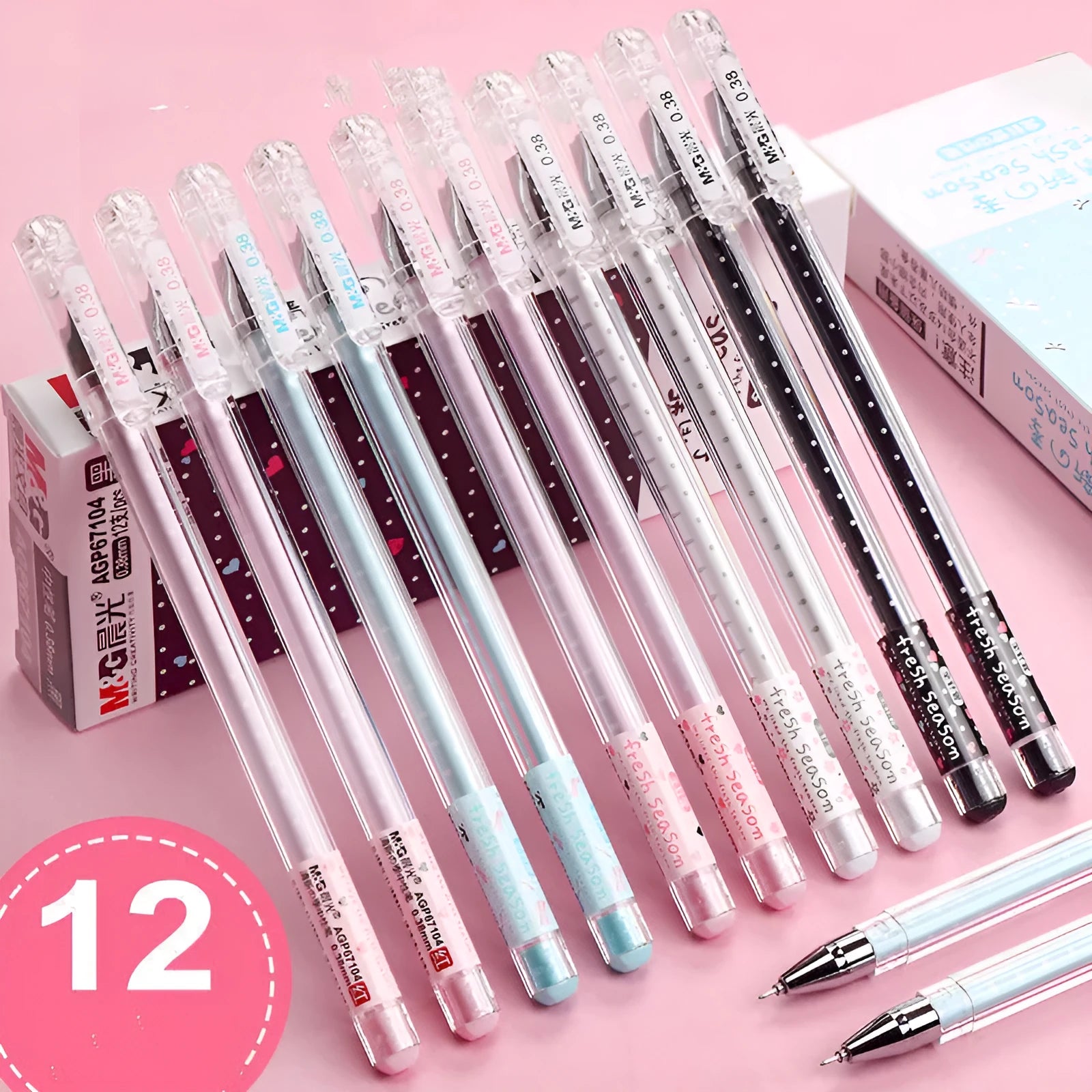 Syringe-style plastic cartridge pens in black, blue, and pink, shown in packs of 6 and 12.