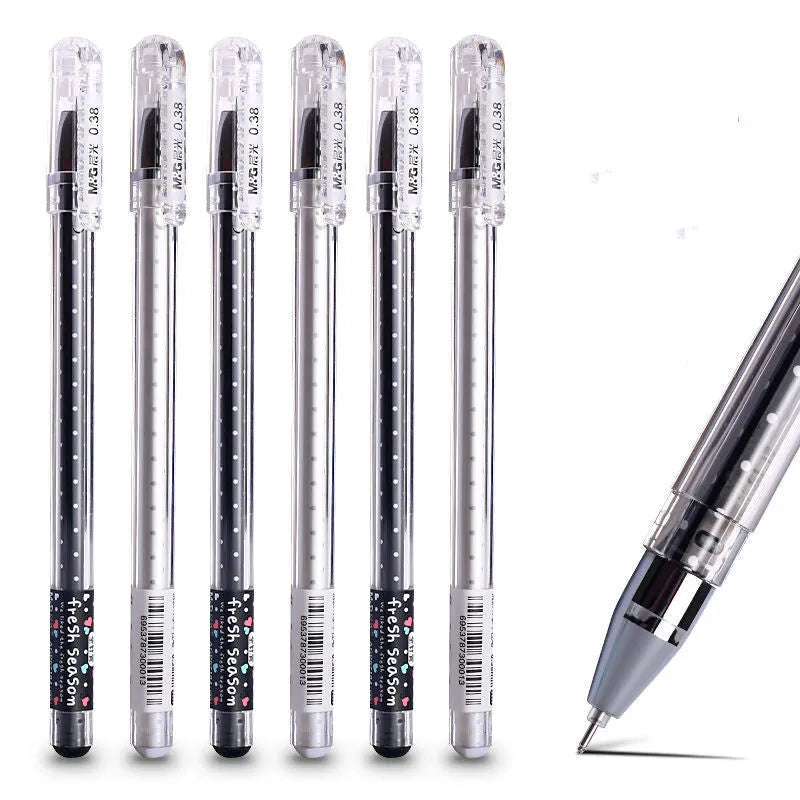 Syringe-style plastic cartridge pens in black, blue, and pink, shown in packs of 6 and 12.