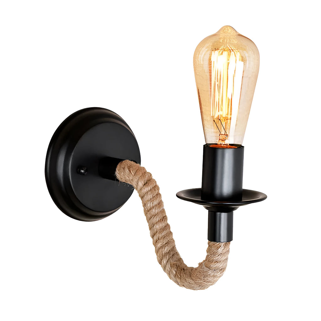 Retro creative wrought iron twine wall lamp in black with handmade hemp rope wrap on a bedside table