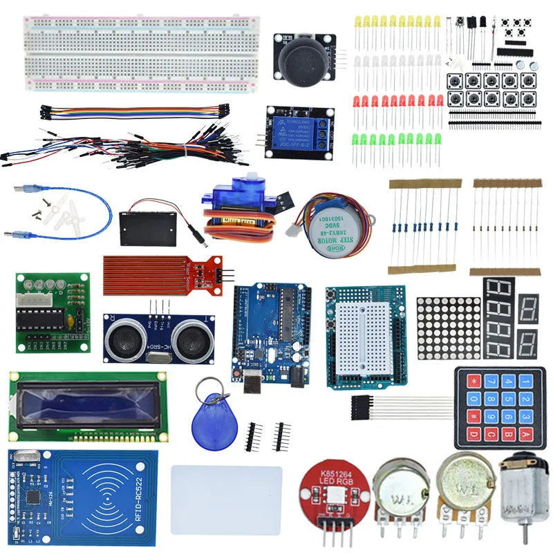 White RFID UNO R3 Arduino starter kit with sensor components in plastic organisation box