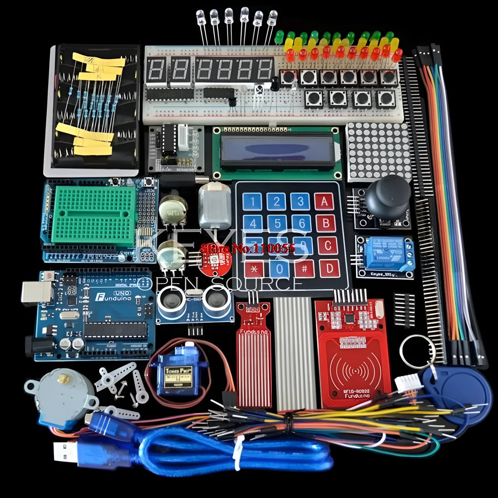 White RFID UNO R3 Arduino starter kit with sensor components in plastic organisation box