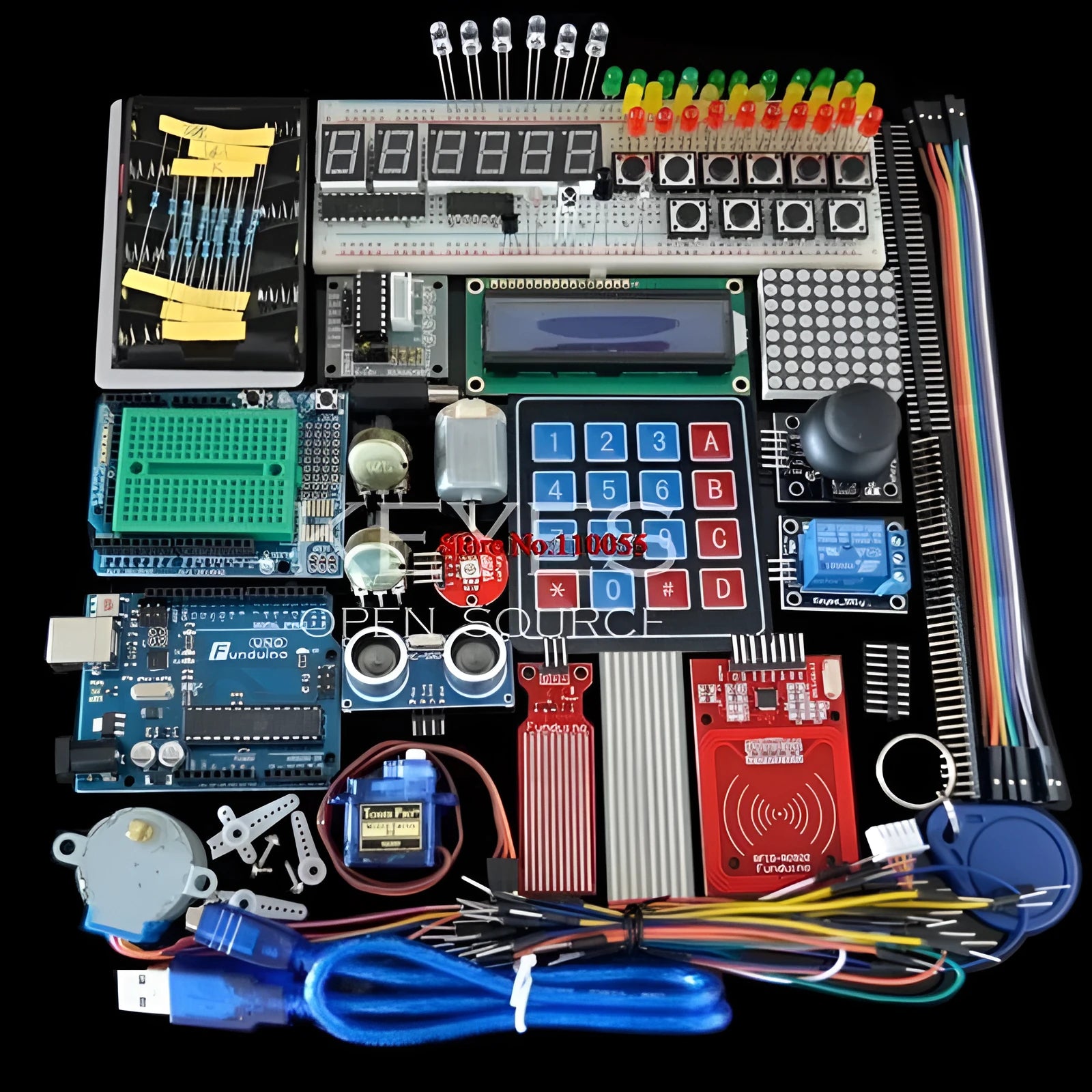 White RFID UNO R3 Arduino starter kit with sensor components in plastic organisation box