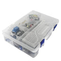 White RFID UNO R3 Arduino starter kit with sensor components in plastic organisation box