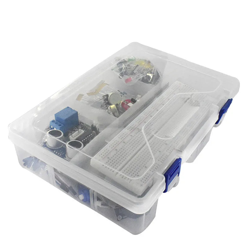 White RFID UNO R3 Arduino starter kit with sensor components in plastic organisation box