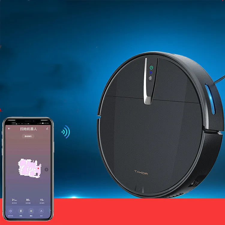 Ultra-thin black and white robot vacuum cleaner with side brush, mop attachment, and charging dock.