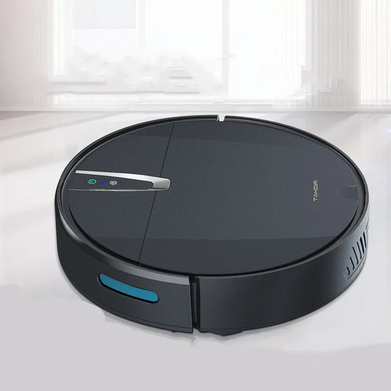 Ultra-thin black and white robot vacuum cleaner with side brush, mop attachment, and charging dock.