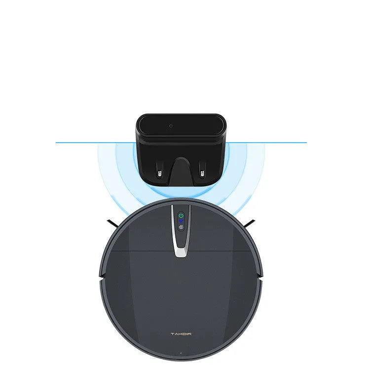 Ultra-thin black and white robot vacuum cleaner with side brush, mop attachment, and charging dock.