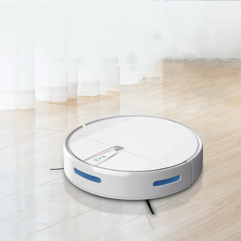 Ultra-thin black and white robot vacuum cleaner with side brush, mop attachment, and charging dock.