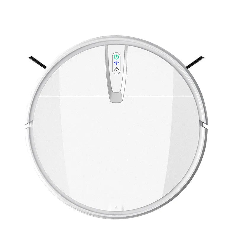 Ultra-thin black and white robot vacuum cleaner with side brush, mop attachment, and charging dock.