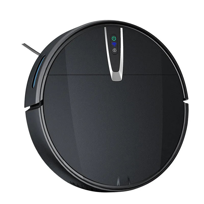 Ultra-thin black and white robot vacuum cleaner with side brush, mop attachment, and charging dock.