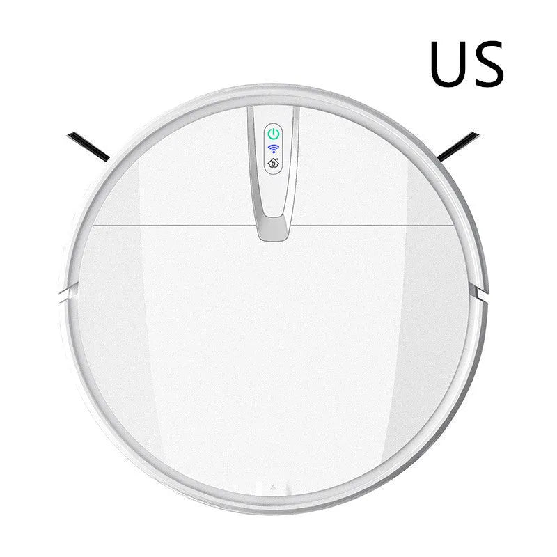 Ultra-thin black and white robot vacuum cleaner with side brush, mop attachment, and charging dock.