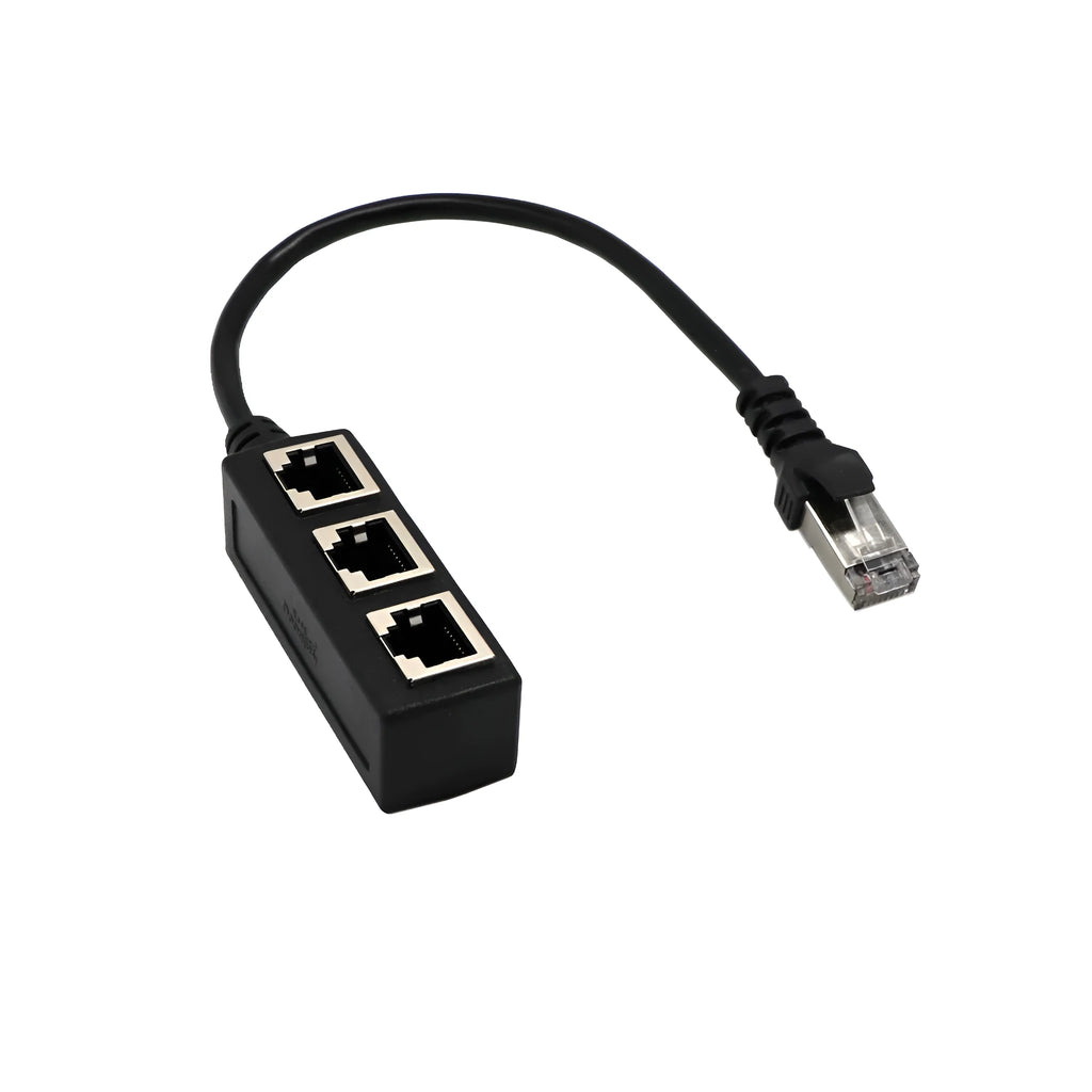 Black ABS RJ45 network splitter with one male plug and three female ports on a 78mm PCB board