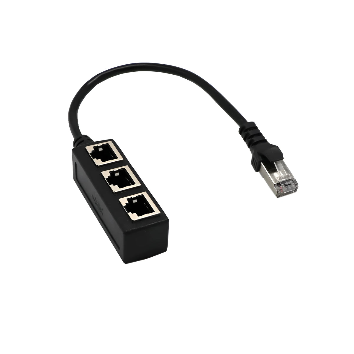Black ABS RJ45 network splitter with one male plug and three female ports on a 78mm PCB board