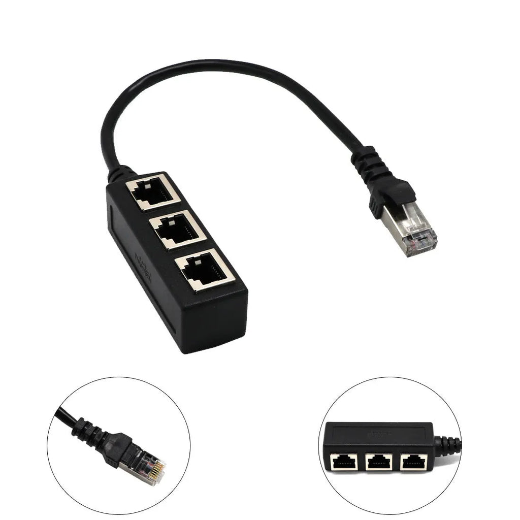 Black ABS RJ45 network splitter with one male plug and three female ports on a 78mm PCB board