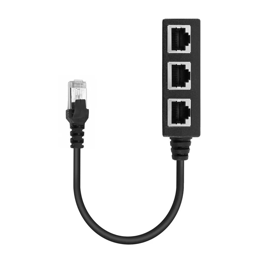 Black ABS RJ45 network splitter with one male plug and three female ports on a 78mm PCB board
