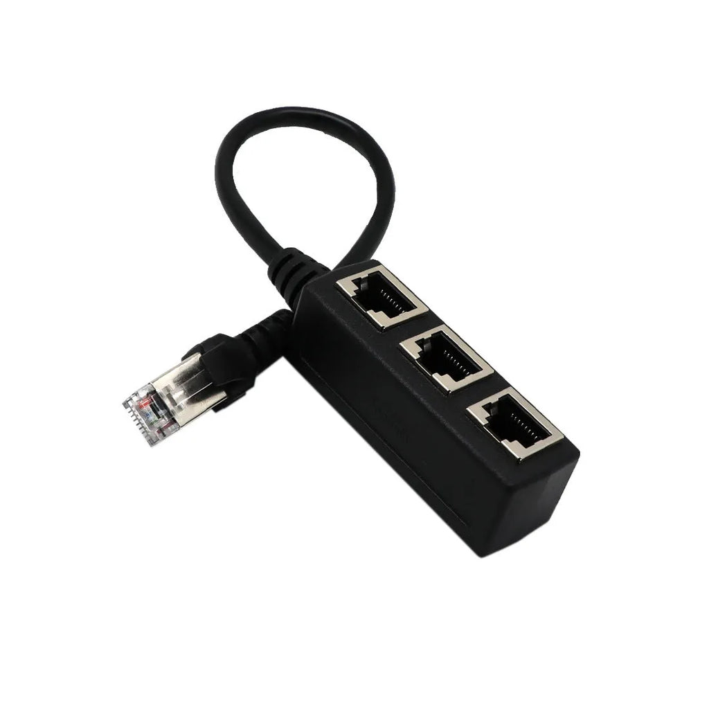 Black ABS RJ45 network splitter with one male plug and three female ports on a 78mm PCB board
