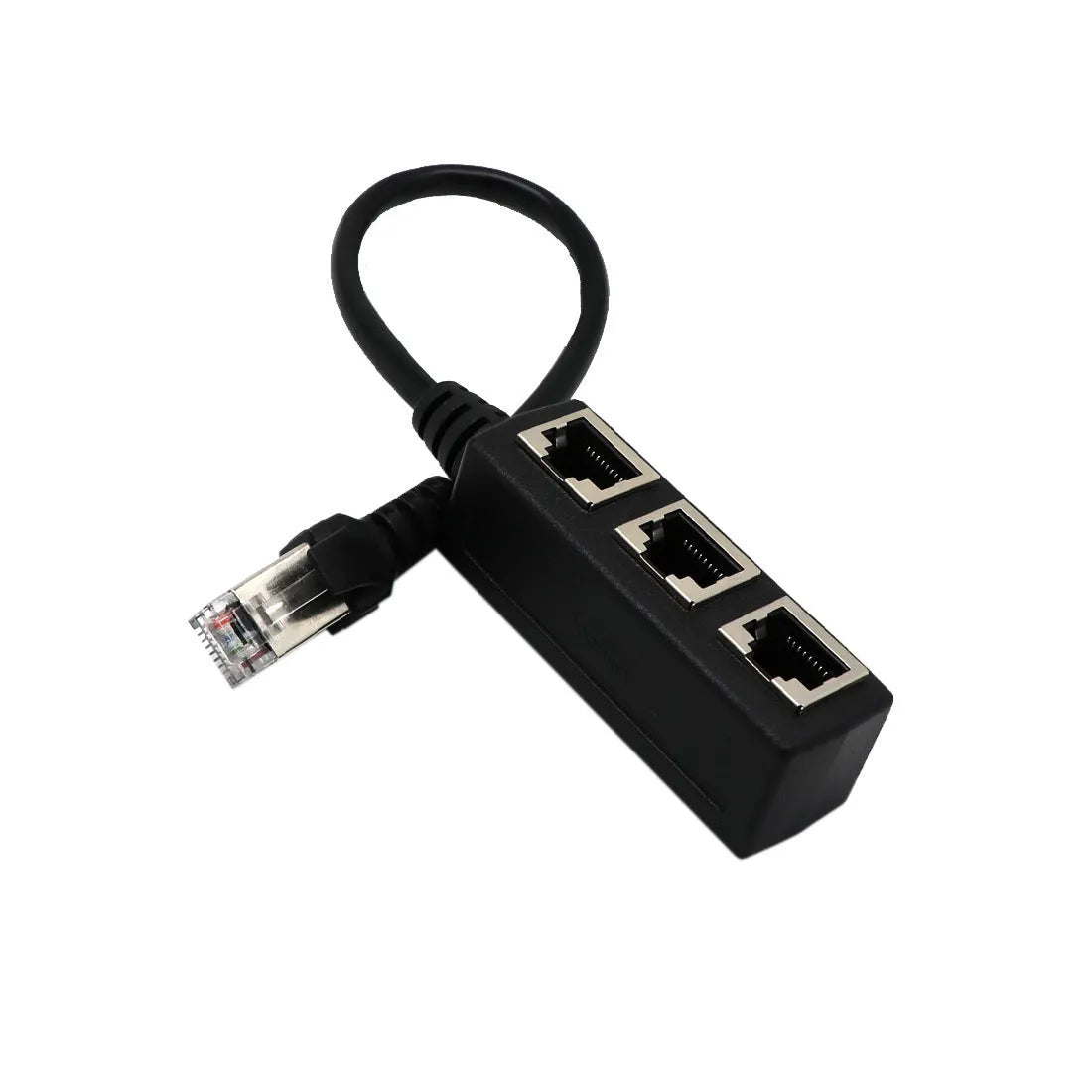 Black ABS RJ45 network splitter with one male plug and three female ports on a 78mm PCB board