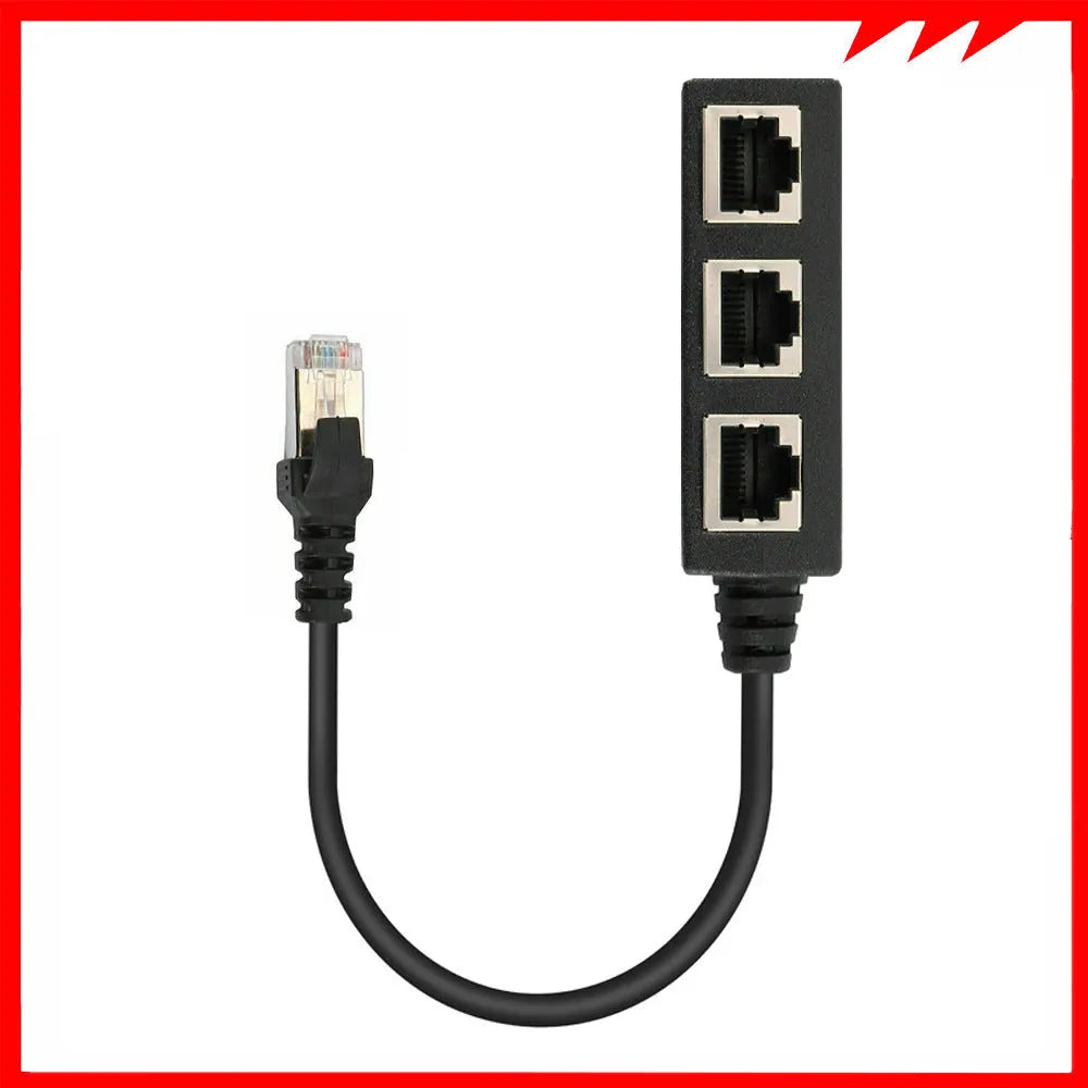 Black ABS RJ45 network splitter with one male plug and three female ports on a 78mm PCB board