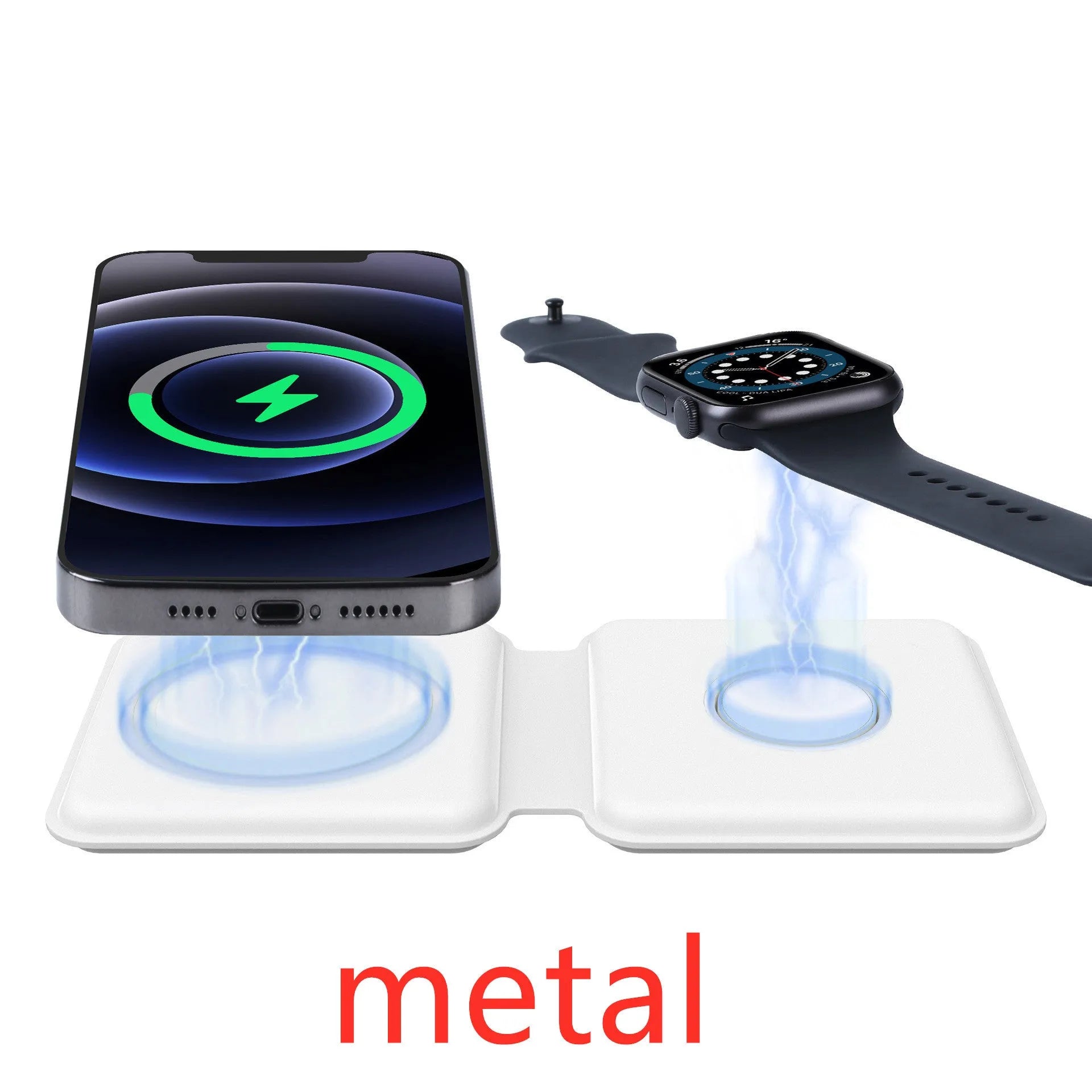 White foldable magnetic wireless charging dock showing two charging surfaces on a desk.