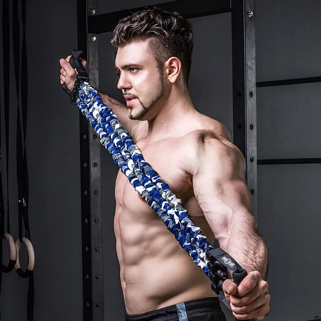 Elastic tension band exercise equipment, latex resistance device in camouflage colours, multiple weight options from 24KG to 120KG