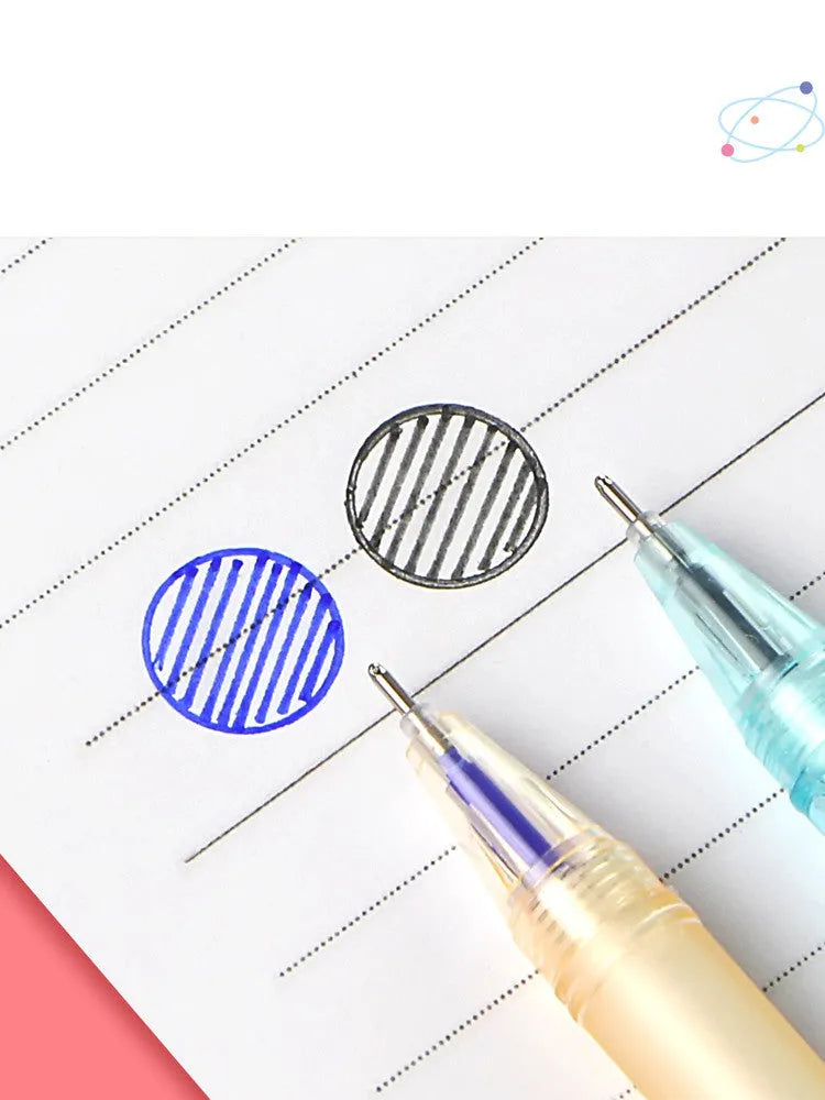 12 erasable gel pens in a box with 0.5mm needle tips in crystal blue and black cartoon styles