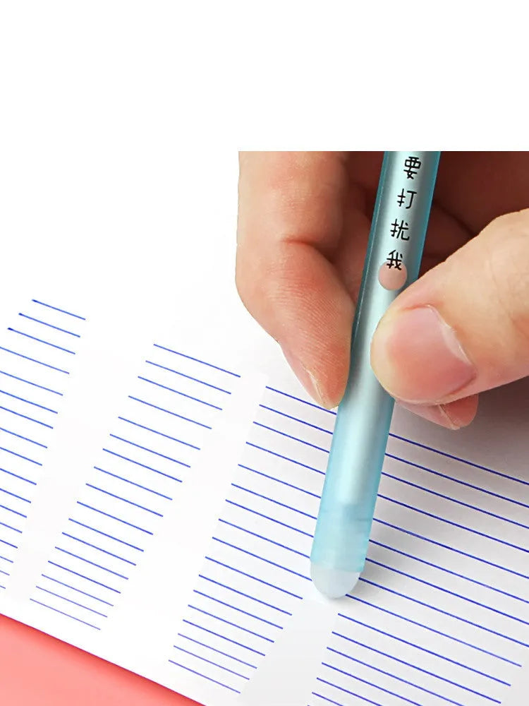 12 erasable gel pens in a box with 0.5mm needle tips in crystal blue and black cartoon styles