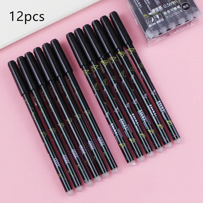 12 erasable gel pens in a box with 0.5mm needle tips in crystal blue and black cartoon styles