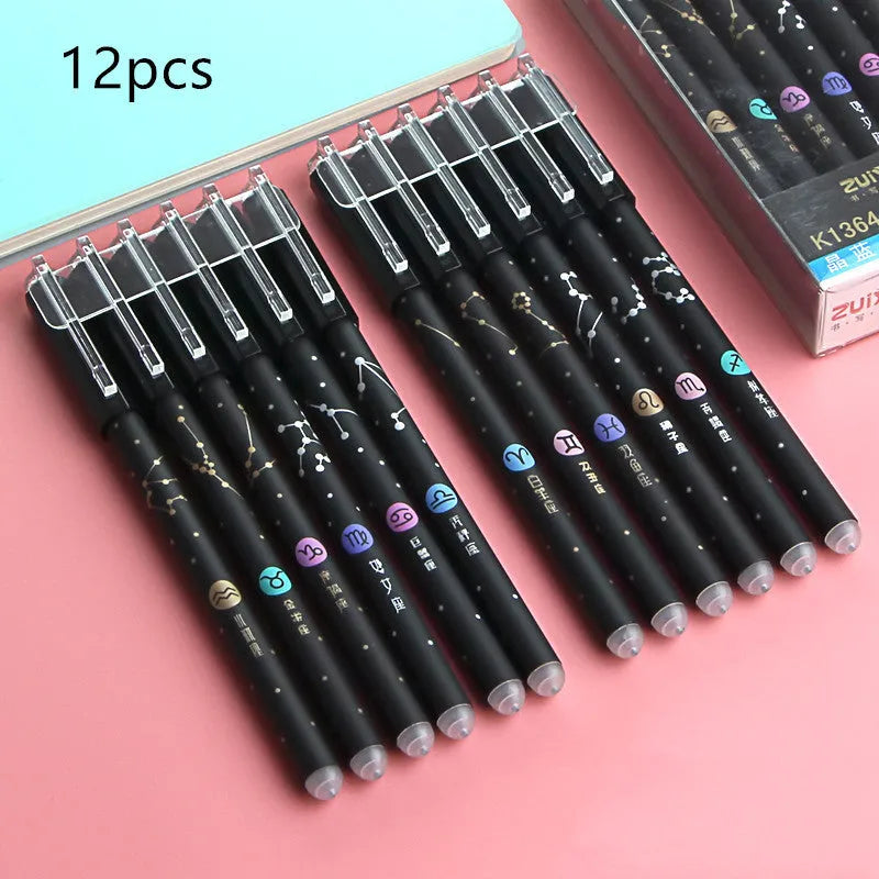 12 erasable gel pens in a box with 0.5mm needle tips in crystal blue and black cartoon styles