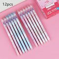 12 erasable gel pens in a box with 0.5mm needle tips in crystal blue and black cartoon styles