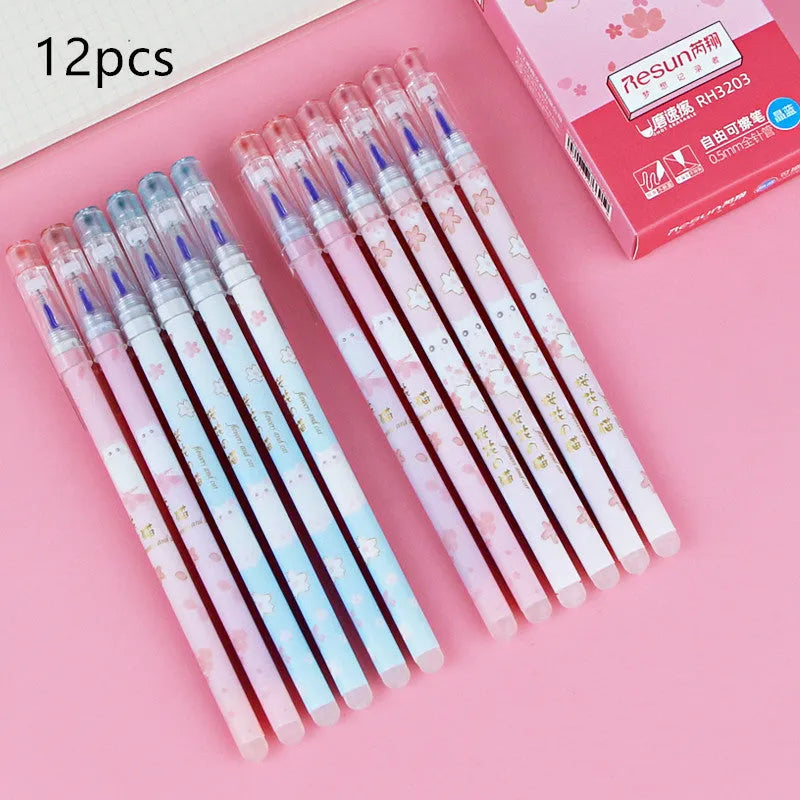 12 erasable gel pens in a box with 0.5mm needle tips in crystal blue and black cartoon styles