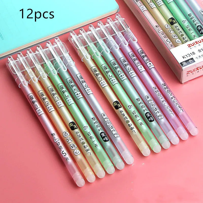 12 erasable gel pens in a box with 0.5mm needle tips in crystal blue and black cartoon styles