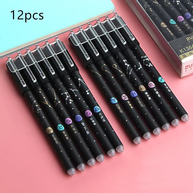 12 erasable gel pens in a box with 0.5mm needle tips in crystal blue and black cartoon styles