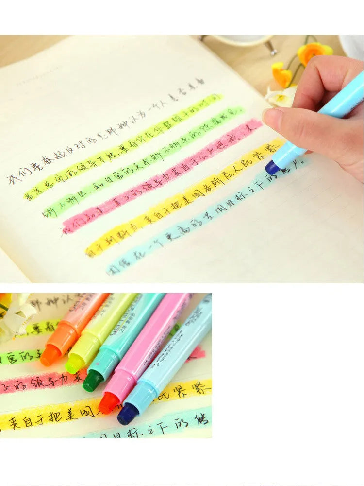 Set of six solid highlighter marker pens with round tips, shown in fluorescent colours, featuring a stitchable design.