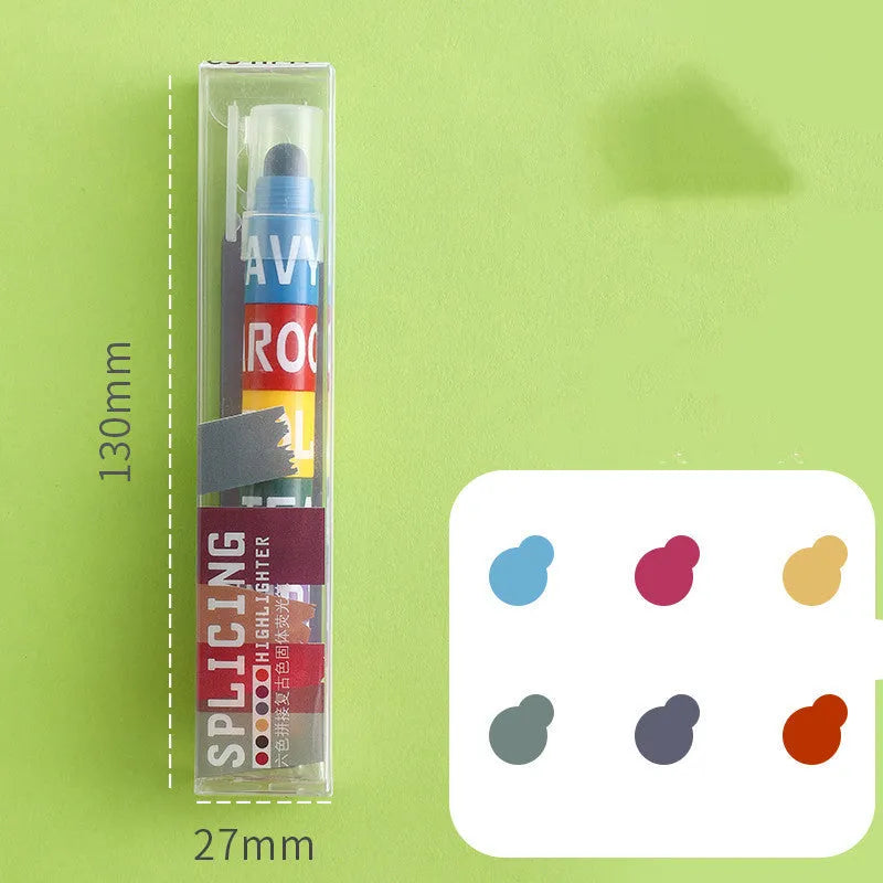 Set of six solid highlighter marker pens with round tips, shown in fluorescent colours, featuring a stitchable design.