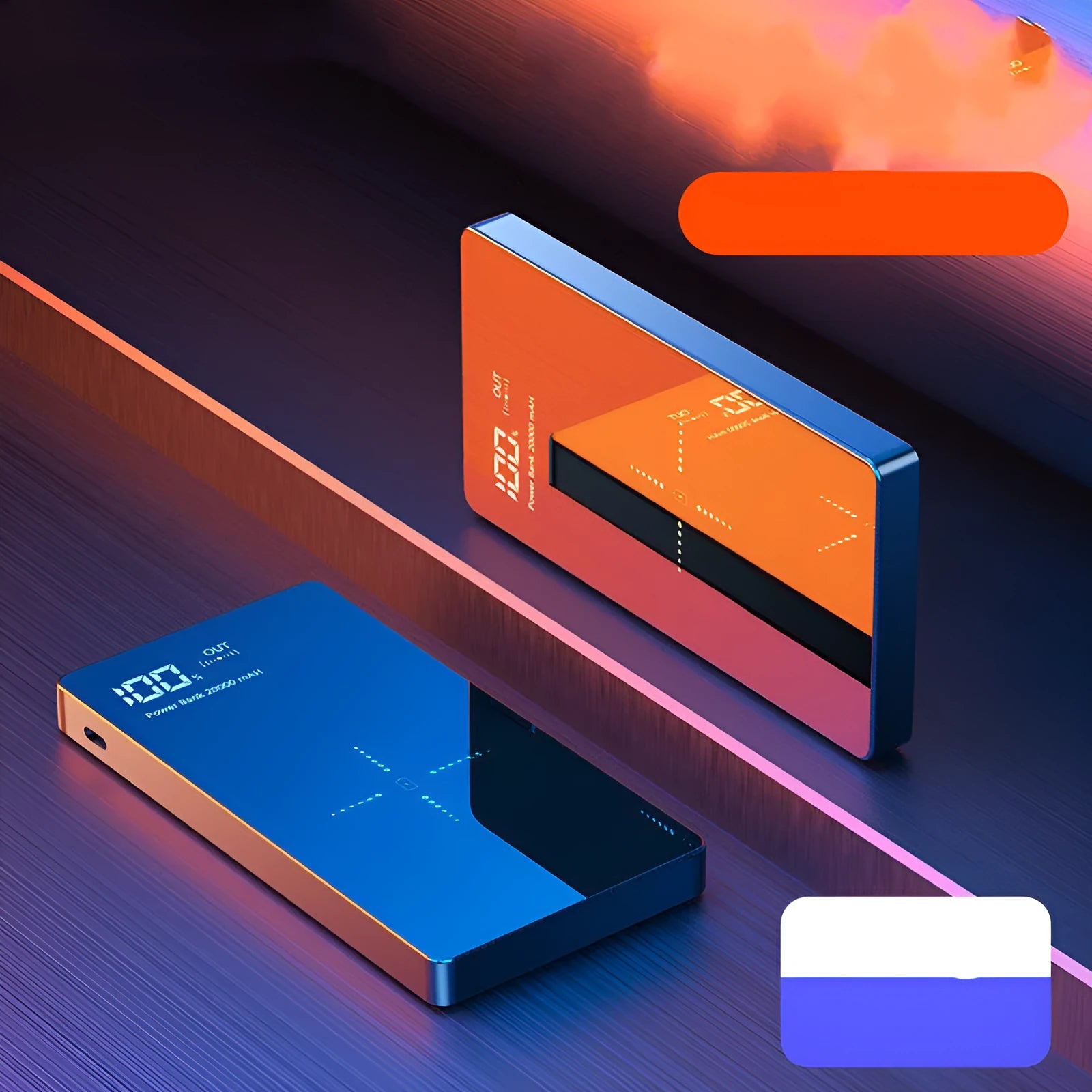 Black wireless power bank with digital display showing battery percentage, featuring a mirror finish and two USB ports.