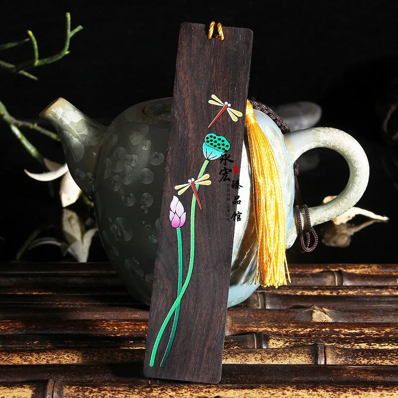 Chinese style sandalwood bookmark with painted lotus and landscape flower decoration